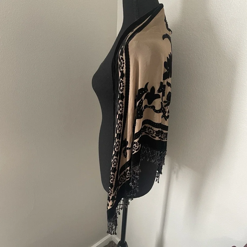 Silk Velvet Burnout Devore Triangle Shawl Scarf Wrap Beaded Fringe Floral Boho
